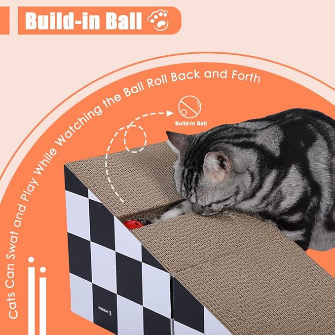 Cat Scratching Board with Ball, Triangle Cat Scratching Cardboard, Multiple Scratching Angles, 2-in-1 Scratching Lounge Bed, Recyclable and Durable, Furniture Protector, Black and White