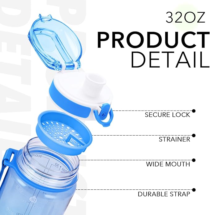 32oz Motivational Water Bottles with Time Marker & Fruit Strainer, Transparent Gradient Color Water Bottle with Times to Drink, Leakproof & BPA Free, Reusable Bottle with Strap (No Straw)
