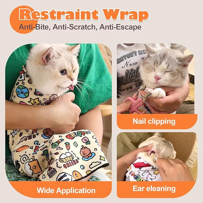 Cat Grooming Wrap, Cat Wrap Self-Adherent, Anti-Scratch Anti-Bite, Anti-Escape Grooming Bag for Cats Nail Clipping, Ear Cleaning, and Teeth Brushing (19.7 × 19.7" Cow Pattern)