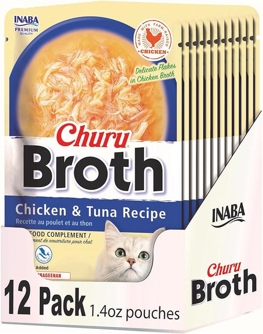 INABA Churu Broth for Cats, Side Dish Pouch, 1.4 Ounces per Pouch, 12 Pouches, Chicken & Tuna Recipe