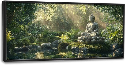 Large Buddha Forest Wall Art for Living Room, Framed Oversized Tree Lake Wall Decor, Nature Landscape Canvas Painting Modern Artwork Home Decoration for Dining Room Bedroom Office 60"x30"