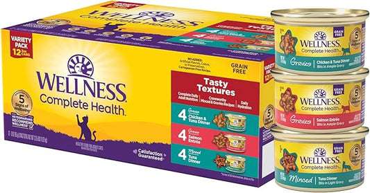Wellness Complete Health Gravy & Minced Adult Wet Cat Food, Natural, Protein-Rich, Grain Free, 3 Ounce, 12 Pack, (Salmon, Tuna, and Chicken Variety Pack)