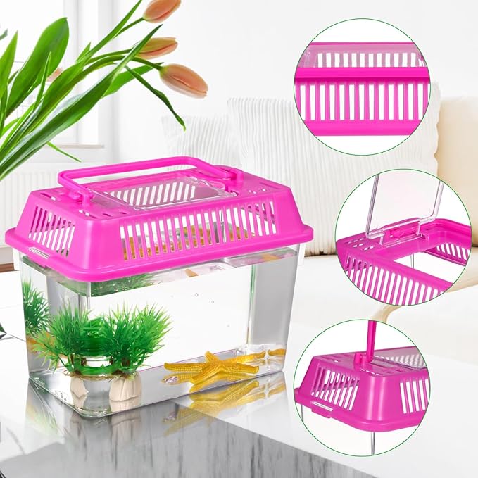 HANABASS Mini Fish Tank with Lid, Handheld Transparent Fish Box, Plastic Small Transparent Aquarium with Handle, Turtle Tortoise Habitat Tank, 5.9x4.3x3.7 Inches