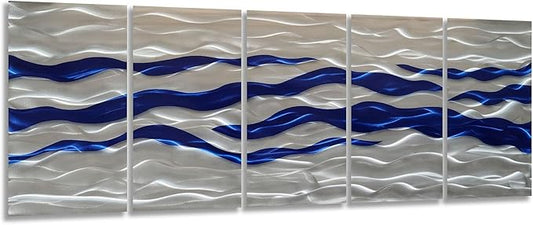 SYGALLERIER Abstract Coastal Metal Wall Art Handcrafted Big 3D Blue and Silver Artwork Modern Sea Waves Pictures Contemporary Sculpture for Living Room Bedroom Bathroom Decor