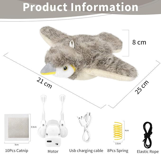 Cat Toys, Flapping Bird Cat Toy(No Flying), Interactive Catnip Toy with Springs & Catnip Bags, Chirping Noise Rechargeable Moving Wings Dog Cat Kitten Toys, Flappy Flying Pets Toy for Indoor