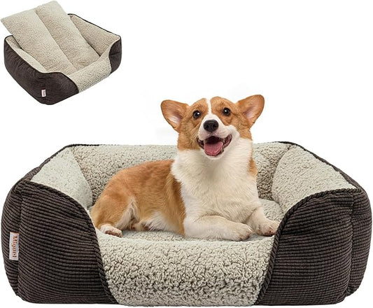 Miguel Washable Dog & Cat Bed with Removable Cushion for Medium & Small Dogs, Easy to Wash Pet Sofa Bed with Side Bolster, Anti-Slip Bottom, Brown, 30 Inch Rectangle