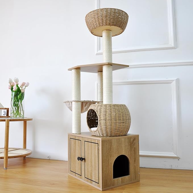 56.7" Tall Rattan Cat Tree for Indoor Cats, Multi-Level Wooden Cat Tower with Scratching Posts, Large Cat Climbing Furniture with Perches
