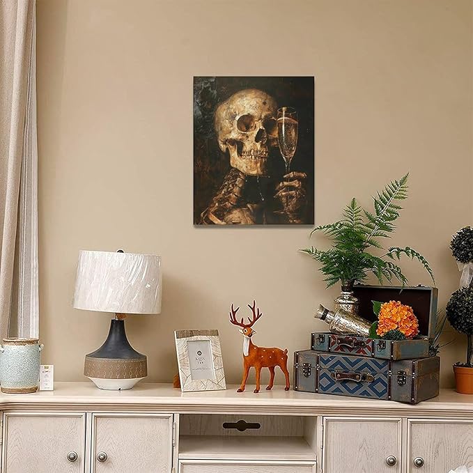 Quorin Gothic Skeleton Wall Art Goth Skull Champagne Wall Decor Dark Academia Pictures Horror Canvas Print Painting Artwork for Bathroom Living Room Bedroom 16"x20"