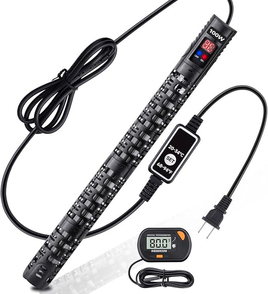 Aquarium Heater Submersible Fish Tank 100W& Turtle Tank Heater with External Adjustment Controller, Included Thermometer, LED Display, Overheat Protection, Detachable Cover, for Saltwater&Freshwater