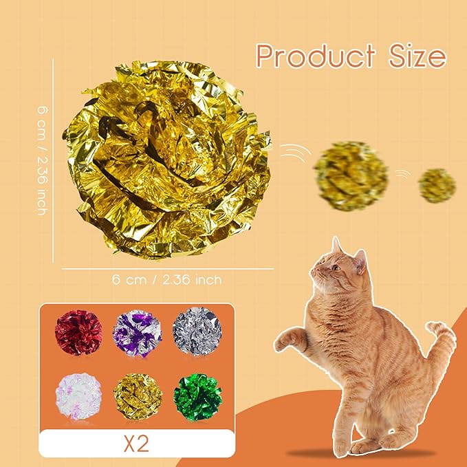 Andiker Cat Crinkle Balls, 2.36 Inches 6 Colors 12pcs Cat Balls Chew and Chase Kitten Mylar Crinkle Ball Lightweight Cats Toys for Indoor Cats to Keep Fit and Active(12pcs)