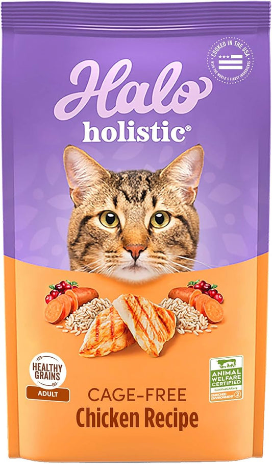 Halo Holistic Cage Free Chicken Cat Food, Healthy Grains Dry Cat Food, Complete Digestive Health, Kibble for Adult Cats, 10 lb Bag