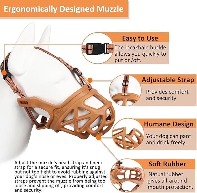 BARKLESS Dog Muzzle, Basket Muzzle for Biting, Chewing and Scavenging, Humane Cage Mouth Cover, Perfect for Grooming and Training Small Aggressive Reactive Dogs (XS, Brown)