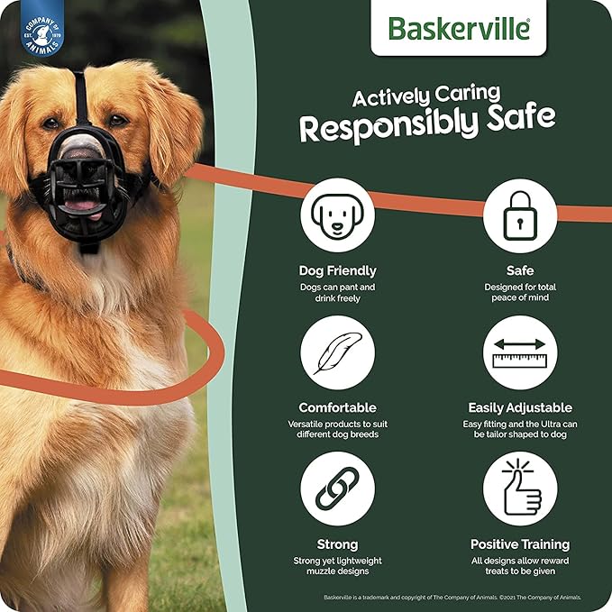 BASKERVILLE ULTRA MUZZLE - Patented Humane Design, Breathable, Dog can Pant and Drink, Adjustable, Padded, Training Muzzle for Medium-sized Dogs, Prevents Biting, Wildlife Scavenging (Size 3, Black)