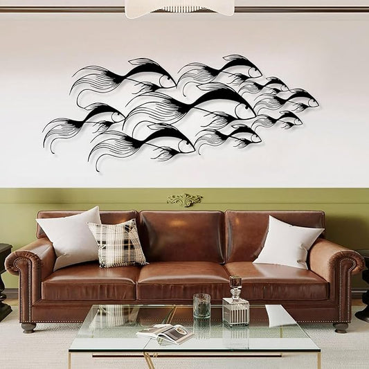 School of Fish Metal Wall Art, Metal Fish Wall Decor, Sea Life Wall Art, Large Nautical Wall Hanging, Modern Beach House Wall Decor, Ocean Themed Artwork for Bathroom (Black, 48"x20" | 121x51cm)