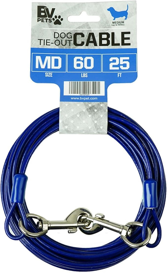 BV Dog Tie Out Cable 25 Feet - Heavy Duty Dog Lead Up to 60 Pounds - Reflective & Rust-Free with Quick Release Swivel Clips & 360° Rotating Clasp - Tangle-Free Dogs Runner for Yard (Blue, Single)