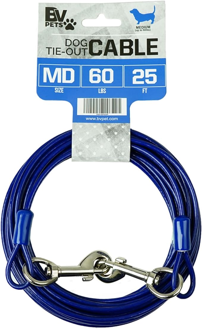 BV Dog Tie Out Cable 25 Feet - Heavy Duty Dog Lead Up to 60 Pounds - Reflective & Rust-Free with Quick Release Swivel Clips & 360° Rotating Clasp - Tangle-Free Dogs Runner for Yard (Blue, Single)