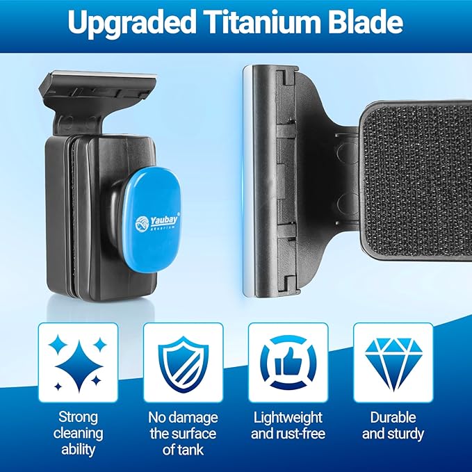 Aquarium Magnet Glass Cleaner, Magnetic Fish Tank Cleaner with Algae Scraper, Double Sided Cleaning Scrubber Brush with Handle, Titanium Blade, Self-Floating, Fit Max 1/4" Thick Glass, Medium