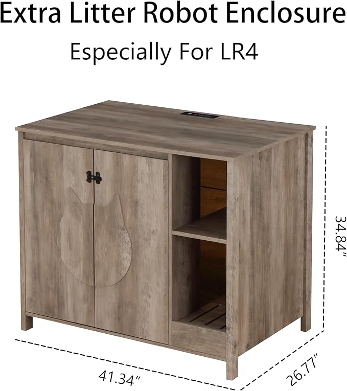 Cat-Faced Doors Cat Litter Robot Enclosure,Automatic Litter Box Enclosure for Litter Robot 3/4,Power Outlet for Litter Robot Cabinet,Litter Collector,Dog-Proof Adjustable Shelf,Grey