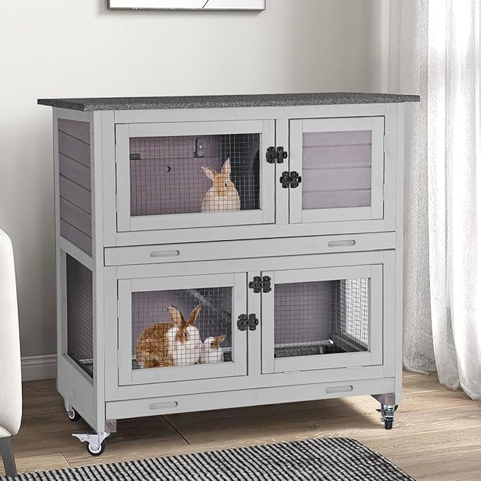 GUTINNEEN Rabbit Hutch Indoor with Chew-Proof Design, Wooden Bunny Cage Outdoor Guinea Pig Cages with Wheels, Leak-Proof Trays for Rabbits, Guinea Pigs, Small Animals