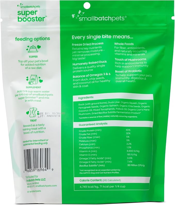 smallbatch Freeze Dried Dog Treats, Superfood Food Topper Duck Bites for Dogs & Cats, Probiotics, Organic Ingredients, High Protein, Grain Free Healthy Treat or Food Topper, Made in The USA, 7 oz Bag