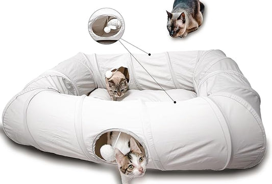 XxingSheep 4 Ways Shuttled XL Cat Tunnel Bed for Indoor Cats Peekaboo Cat Cave Donut with Cool Mat