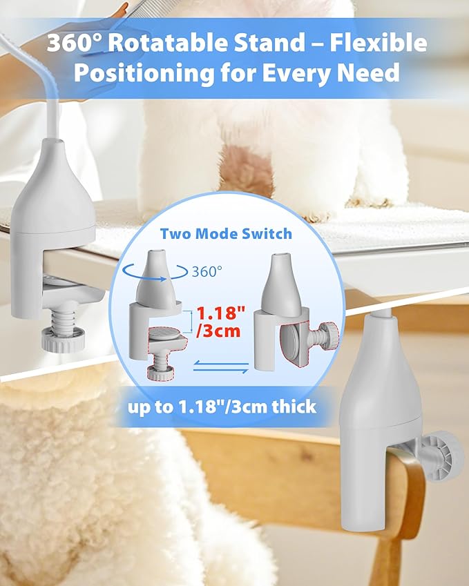 2-in-1 Hands-Free Dog Hair Dryer with Table Clamp – Low Noise Pet Grooming Dryer for Dogs & Cats, Adjustable Heat & Speed, Wearable or Desktop Use(Gray)