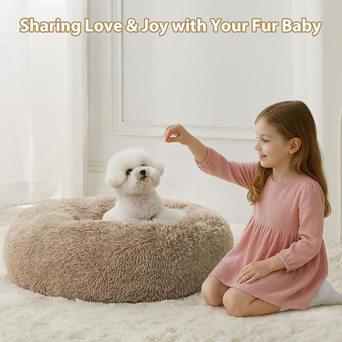 WNPETHOME Calming Dog Bed & Cat Bed,Small Dog Bed Donut Design Faux Fur Anti-Anxiety Dogs Beds,Fluffy Pet Cushion Pet Beds for Small Dogs and Cats (20 x 20 Inch, Brown)