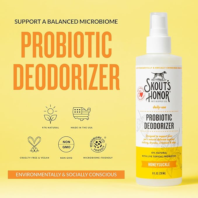 SKOUT'S HONOR Probiotic Pet Deodorizer Spray- Hydrating Daily-Use with Avocado Oil & Omega-3s, Microbiome Friendly Certiified, Paraben & Sulfate-Free, 97% Natural, 8oz, Honeysuckle, 2-Pack