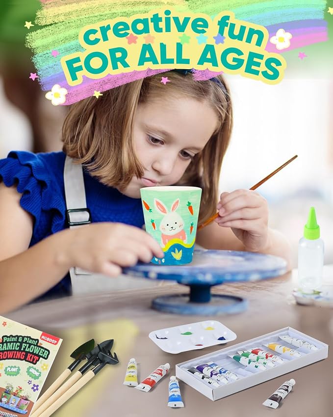 RGBDOT Kids Gardening Set Paint and Plant Stoneware Flower Gardening Kit with 4 Pots Arts and Crafts for Kids Ages 8-12 Best Children’s Day Gift for Girls Boys Ages 5 6 7 8 9 10