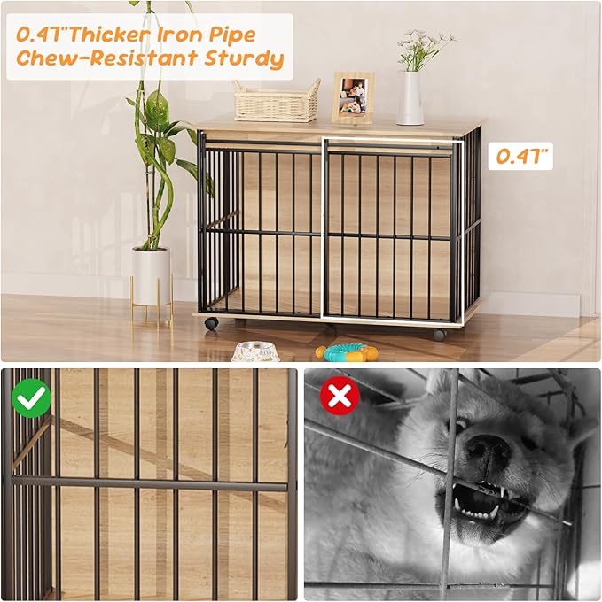 43.7" Dog Crate Furniture, XL Dog Crate Dog Kennel Indoor with Wheels for Large Medium Small Dogs, Wooden Dog Kennel End Table with Sliding Door Wooden Furniture Crates for Living Room, Bedroom