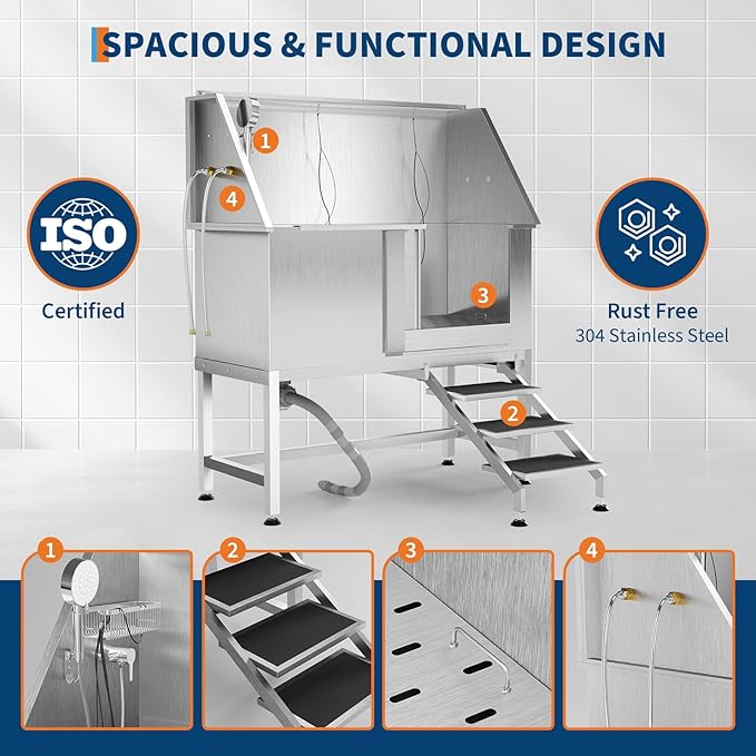 50" Stainless Steel Professional Dog Washing Station - Pet Bathing Tub w/Non-Slip Stairs | Slip-Resistant Floor Grate | for Large/Medium/Small Dogs
