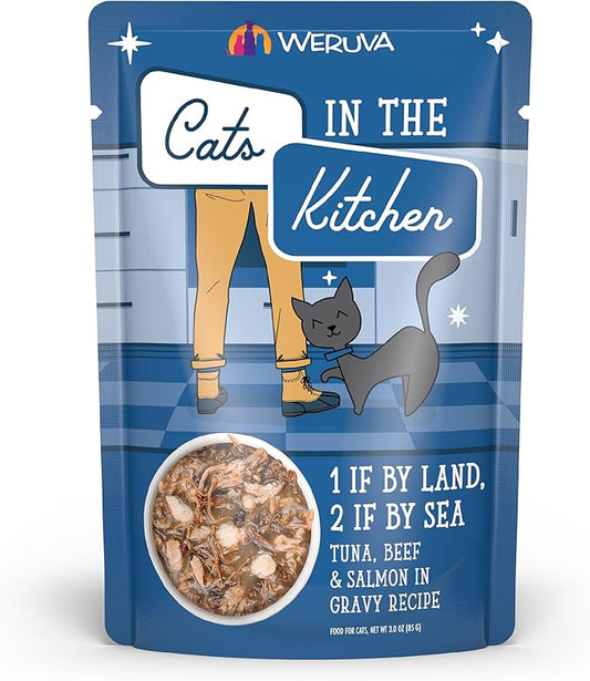Weruva Cats in The Kitchen, 1 if by Land, 2 if by Sea with Tuna, Beef & Salmon in Gravy Cat Food, 3oz Pouch (Pack of 12)