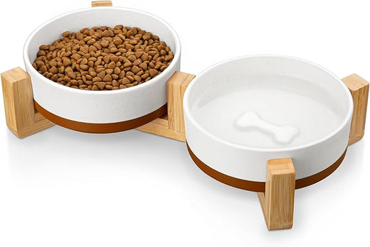 MALACASA Ceramic Dog Bowls, Dog Water/Food Dish with Wood Stand Non-Slip,14oz, Pet Basic Bowls for Your Puppy, Small Dogs or Cats,Glaze Matte Weighted Non-Slip (S-1.5 Cups)