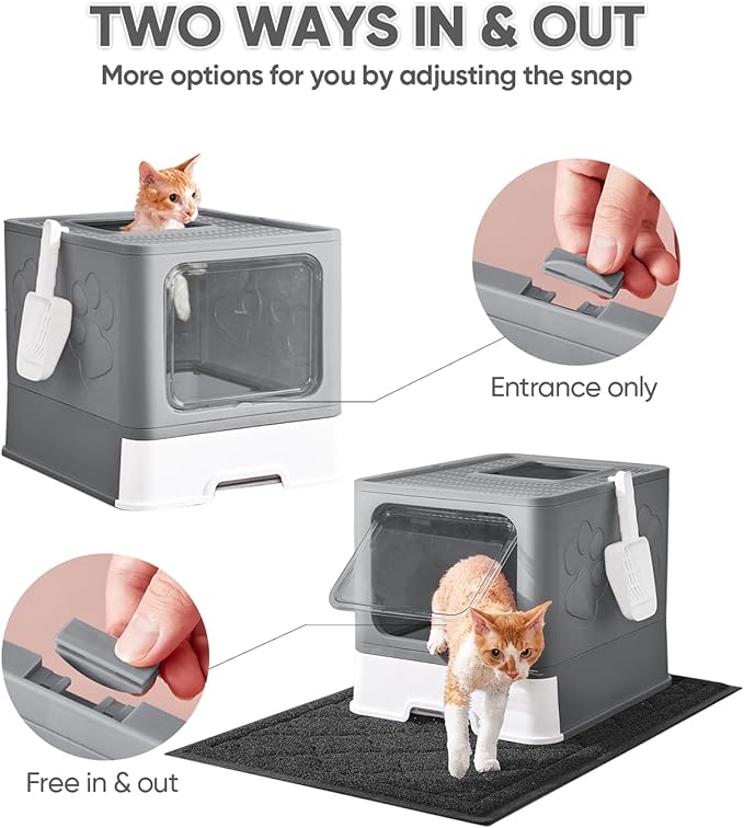 Cat Litter Box with X-Large Litter Mat and Scoop, Large Foldable Litter Box with Lid, Enclosed Kitty Box,Front Top Entry Exit, Odor Control Easy to Clean (Upgrade Dark Grey)