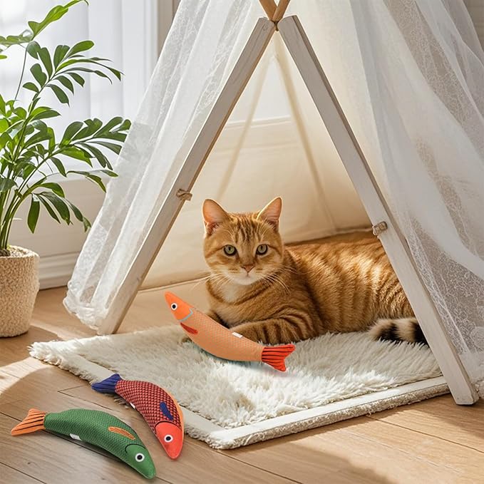 AUSCAT Cat Catnip Toys, 3PCS Catnip Fish Toy for Cats, Cat Kicker Toys with Crinkle Sound, Interactive Plush Soft Cat Toys for Indoor Cats and Kittens