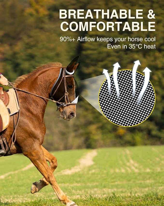 Hilltown Adjustable Fly Mask for Horse with Ears - UV-Block, Large Eye Space, Breathable, Built to Last, Comfort Fit - Horse Fly Mask for Daily Stable, Hot Weather Riding & Competition - Cob, Grey