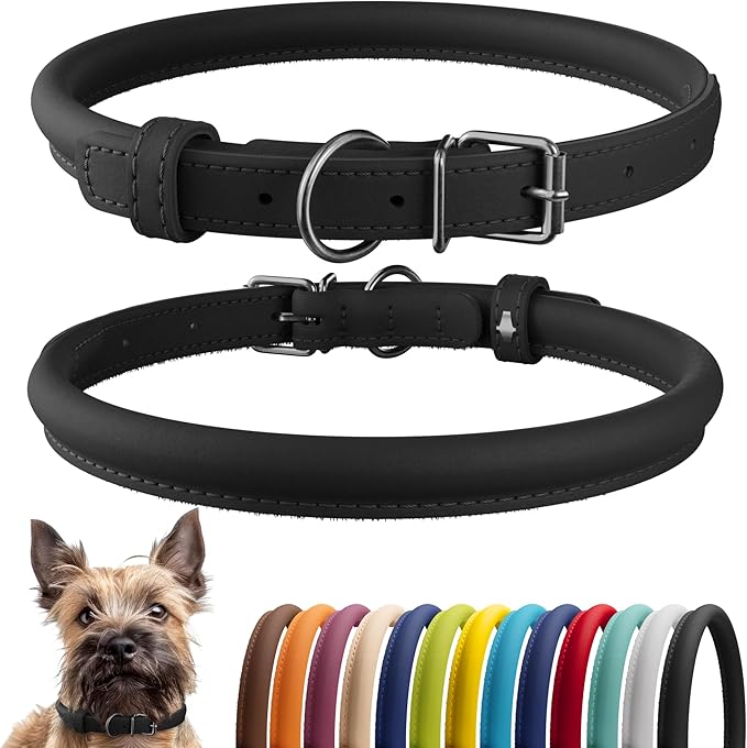 CollarDirect Rolled Leather Dog Collar, Soft Padded Round Puppy Collar, Handmade Genuine Leather Collar Dog Small Large Cat Collars 13 Colors (6 Inch, Black Smooth)