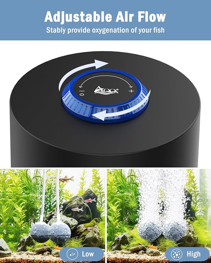 AQQA Aquarium Air Pump, Quiet Powerful Fish Tank Air Pump 3W/6W/10W with Stainless Steel Dual Outlet, Adjustable Oxygen Aerator Pump with Air Stone Bubbler for Fish Tank Up to 200 Gallon 3W (Tubby)