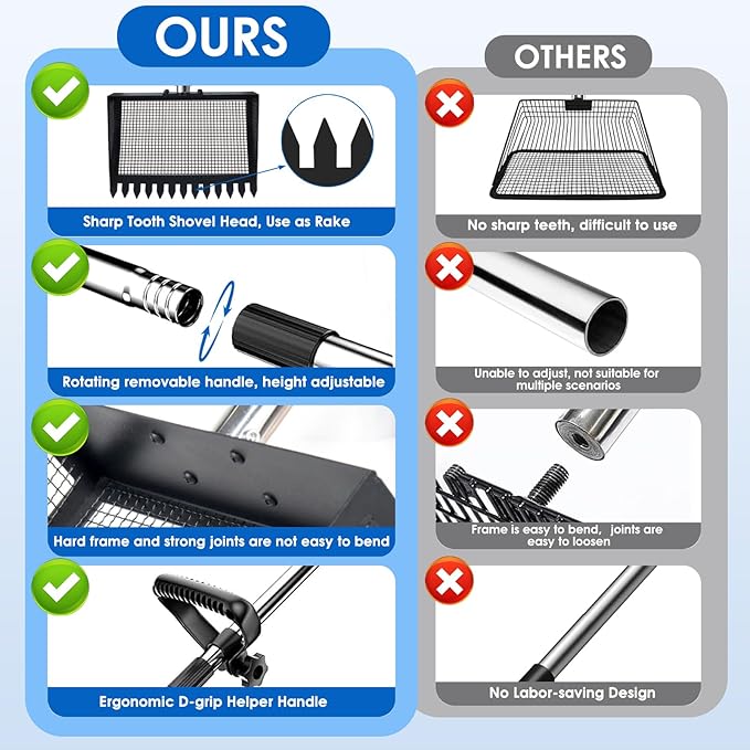 Chicken Poop Scooper & Rake 2-in-1, 32 to 68" Adjustable Stainless Steel Chicken Litter Scoop with Handle and Glove for Chick Coop Sands Multifunctional Litter Sifting Shovel for Hen Animals House