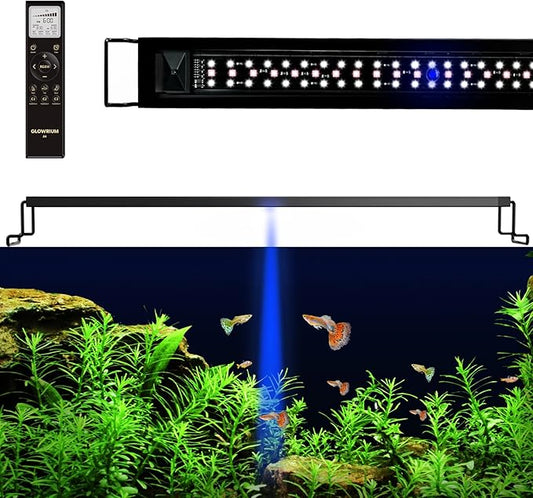 GLOWRIUM LED Aquarium Light with Remote, Full Spectrum Fish Tank Light with Auto Timer, IP67 Waterproof Freshwater Planted Tank Light, Dimmable RGB+W+Moon LEDs with High Performance (18W 24-29inch)