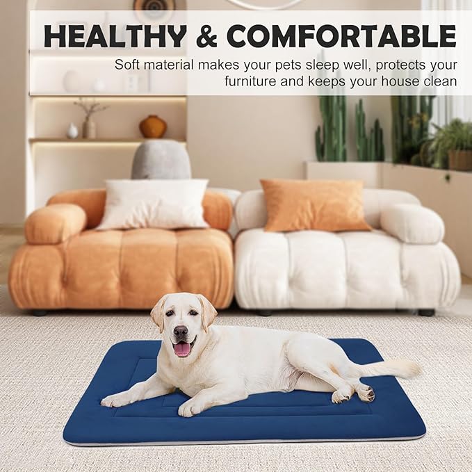 JoicyCo Dog Bed Soft Dog Crate Bed Pad Mat, 42 in Non Slip Bottom Washable Dog Beds for Large Dogs, Pet Bed Mattress Kennel Pad, Dark Blue
