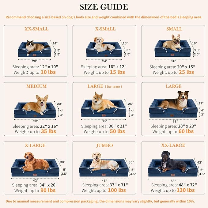 Comfort Expression XXL Orthopedic Dog Beds, Waterproof Orthopedic Foam Extra Large Dogs Beds, Washable Dog Sofa Beds with Removable Cover & Non-Slip Bottom(XX-Large,Navy Blue)