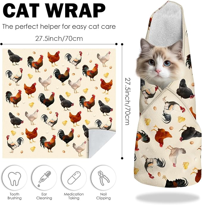 27.6"Cat Grooming Wrap, Self Adhesive Cat Wrap for Cutting Nails, Anti-Escape Calming Cat Swaddle Wrap for Medicine Ear Cleaning, Chicken Anti-Scratch Cats Burrito Restraint Blanket,Practical Pet Tool