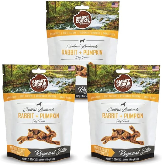 Smart Cookie All Natural Dog Treats - Rabbit & Pumpkin - Training Treats for Dogs with Allergies or Sensitive Stomachs - Soft Dog Treats, Grain Free, Chewy, Human-Grade, Made in USA - 5oz, Pack of 3