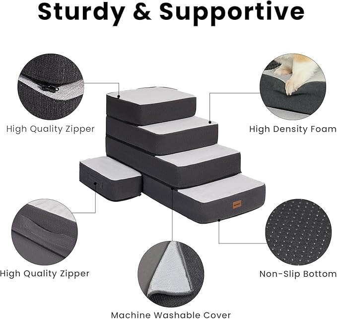 3-Step Adjustable Dog Stairs for Sofa and Couch, Dog Steps for Small Dogs and Cats, Foldable Pet Stairs for Low Bed Climbing, Non-Slip Pet Step Indoor, Grey