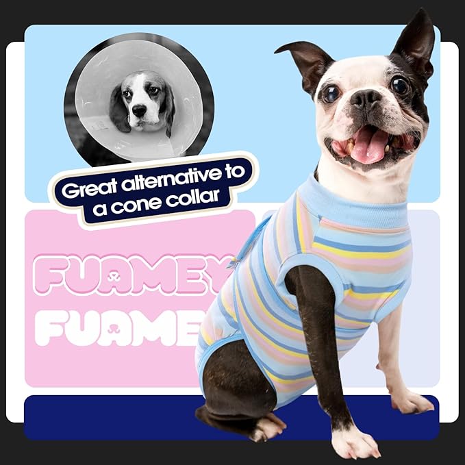 FUAMEY Recovery Suit for Dogs After Surgery,Soft Breathable Dog Bodysuit E-Collar & Cone Alternative Surgical Suit,Male Female Dog Neuter Spay Suits Anti Licking Wounds Onesie Blue Yellow Stripes L