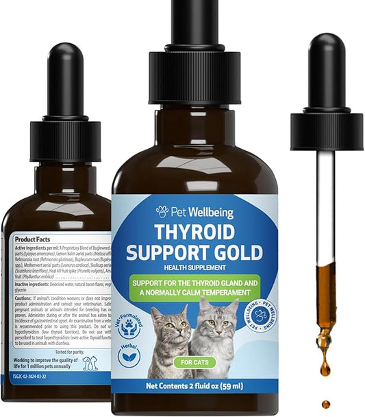 Pet Wellbeing Thyroid Support Gold for Cats - Supports Healthy Thyroid Gland Function in Cats, Normal Metabolism, Bugleweed, Lemon Balm - Veterinarian-Formulated Herbal Supplement 2 fl oz (59 ml)