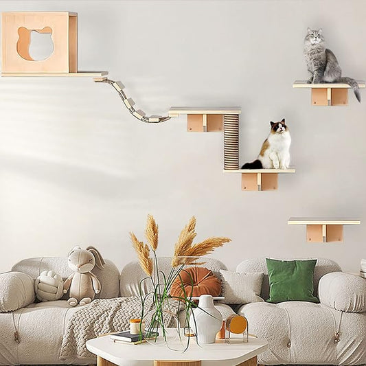 Cat Wall Shelves and Furniture Set with Condos, Perches, Bridge Ladders, Sisal Scratching Posts - Steps and Houses for Cats (A)