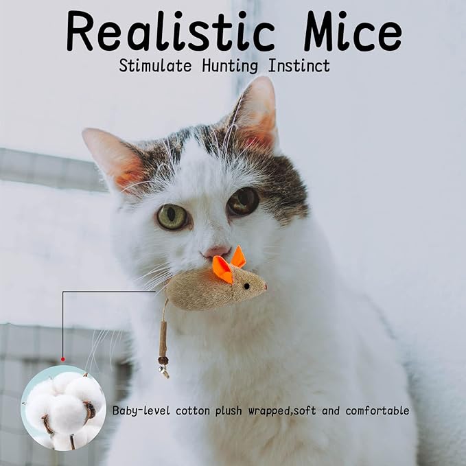 Cat Toys for Indoor Cats, 3Pcs Large 8.9" Plush Mouse Kitten Toys with Bell Tail Sound, Organic Catnip with Silvervine, Individually Packaged Dental Chew Matatabi for Exercise & Oral Health