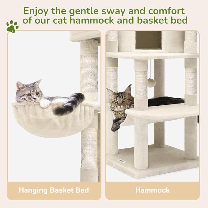 Globlazer Corner Cat Tree Tower with Scratching Post for Indoor Cats, 51in Plush Multi-Level Cat Tower with Large Hammock, Fan-Shaped Padded Perch, Spacious Cat Condo, Hanging Basket, C51, Light Beige